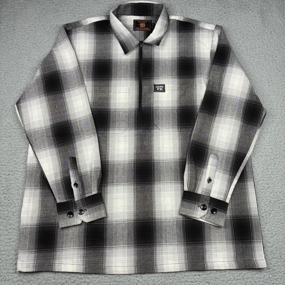FB County Checker Zip Shirt Men's Medium Gray Black Plaid Long Sleeve
